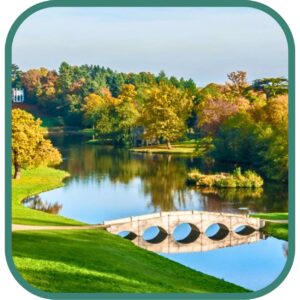 Painshill Park landscape garden lake and woodland scenery in Surrey