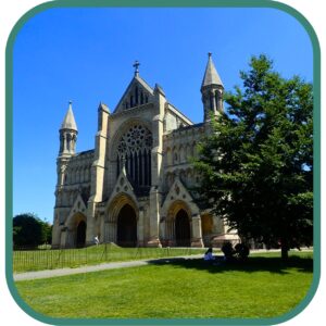 St Albans Cathedral historic architecture and surrounding area near Verulamium Park